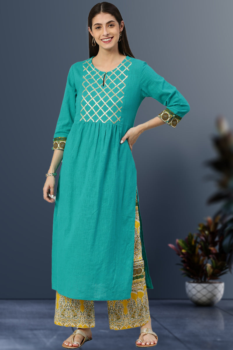 women cotton slub cambric cotton floral printed straight kurta palazzo set teal