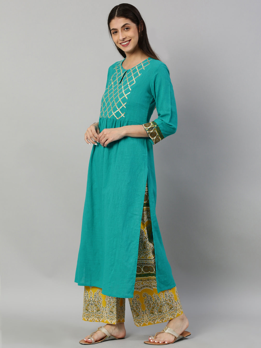 women cotton slub cambric cotton floral printed straight kurta palazzo set teal