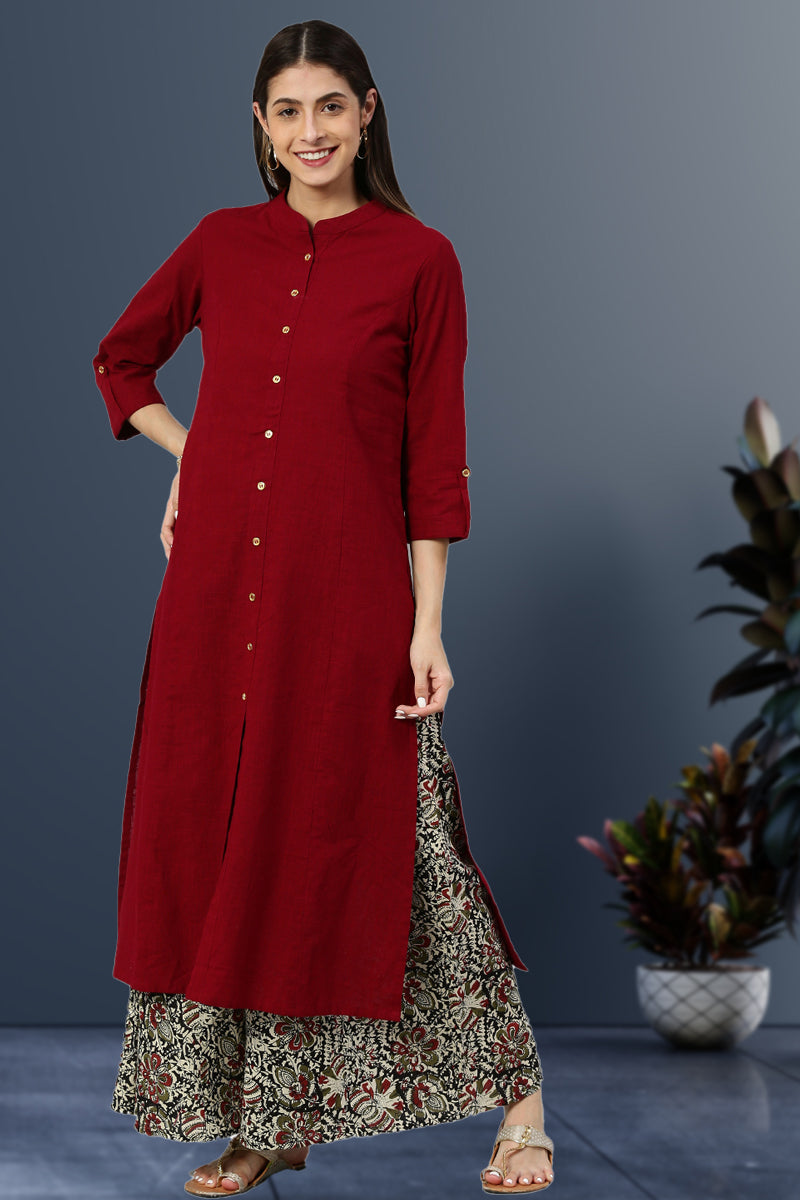 women cotton slub solid straight kurta with ajarak printed palazzo set maroon