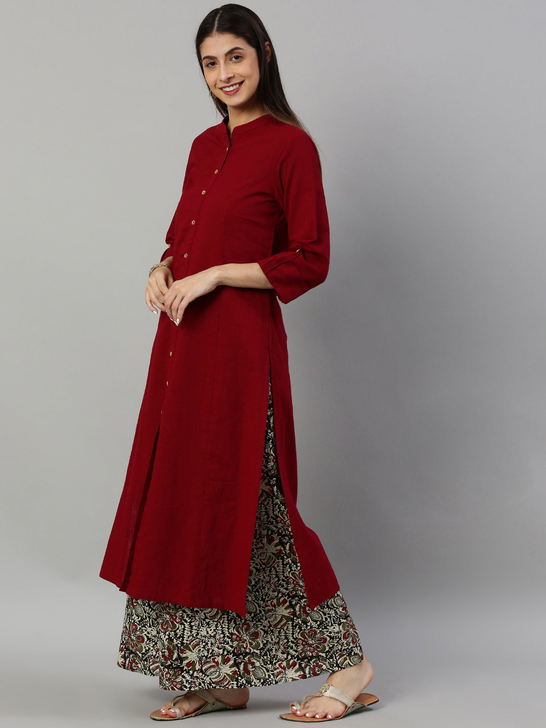 women cotton slub solid straight kurta with ajarak printed palazzo set maroon