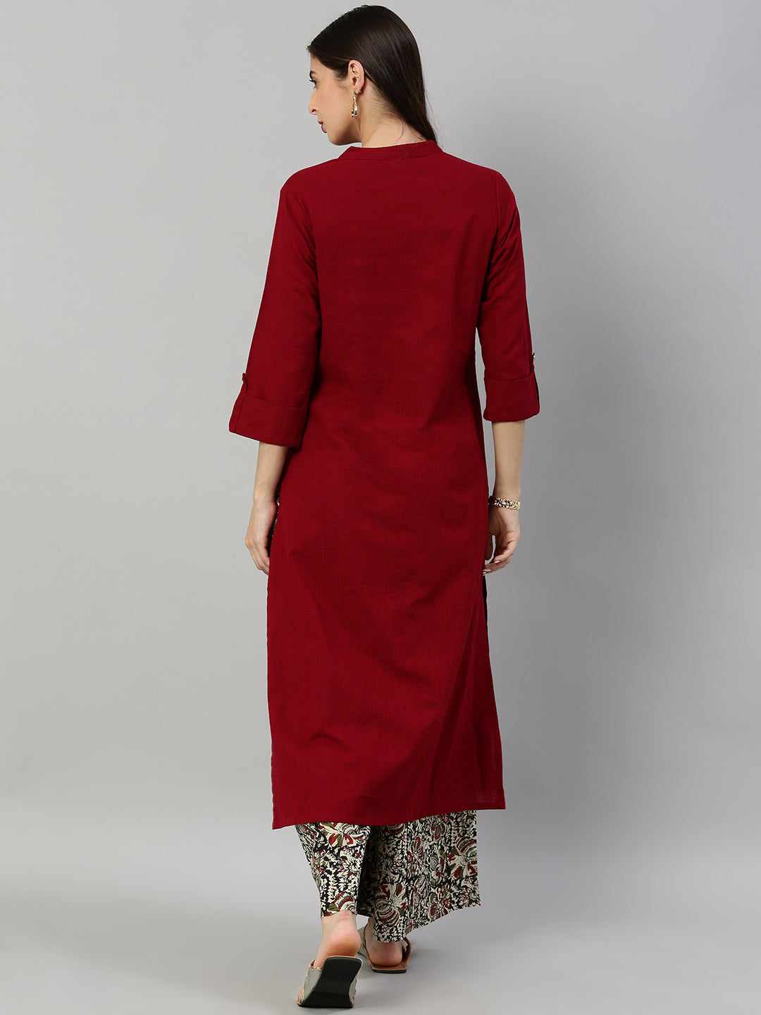 women cotton slub solid straight kurta with ajarak printed palazzo set maroon