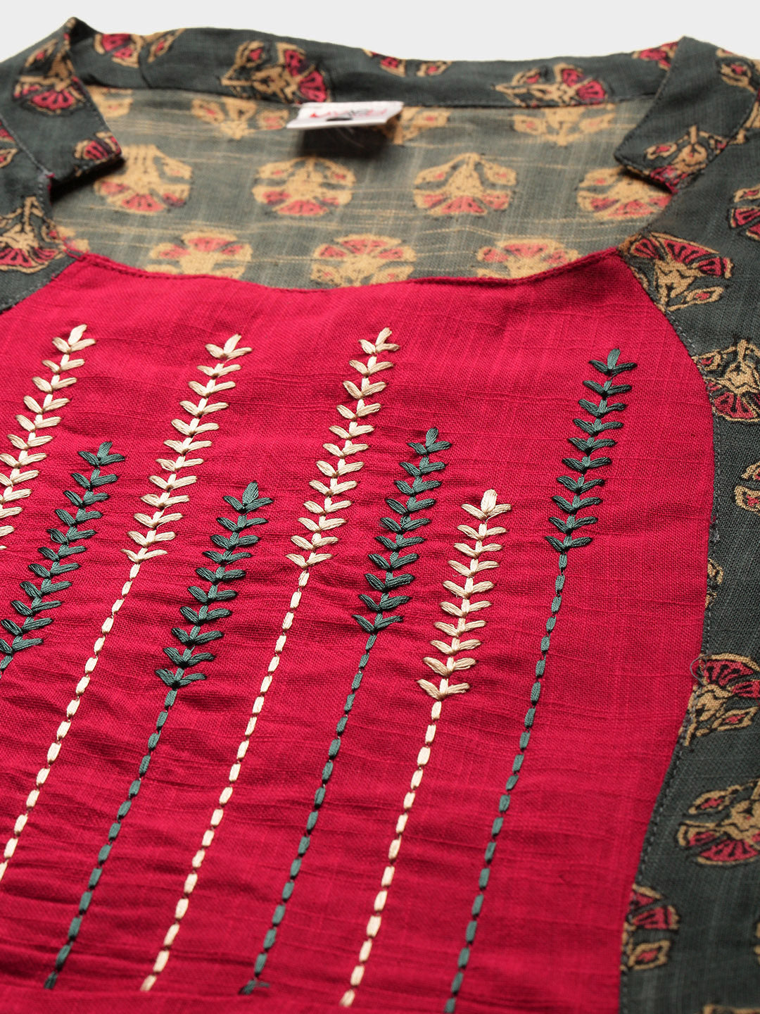  Cotton Slub Floral Printed Embroidery Anarkali Kurta Dress (Grey)