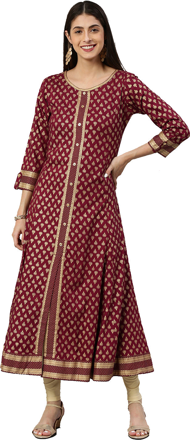 women rayon golden buti printed a line kurta