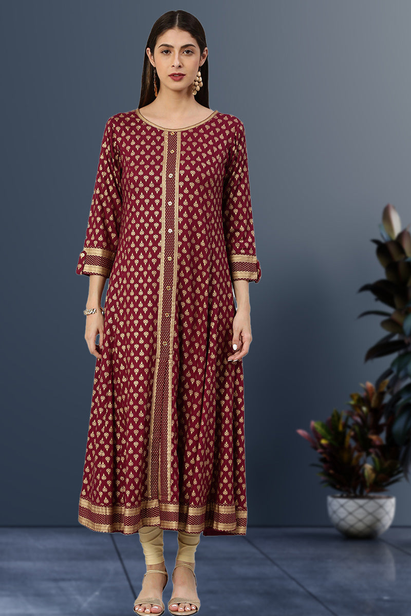 women rayon golden buti printed a line kurta