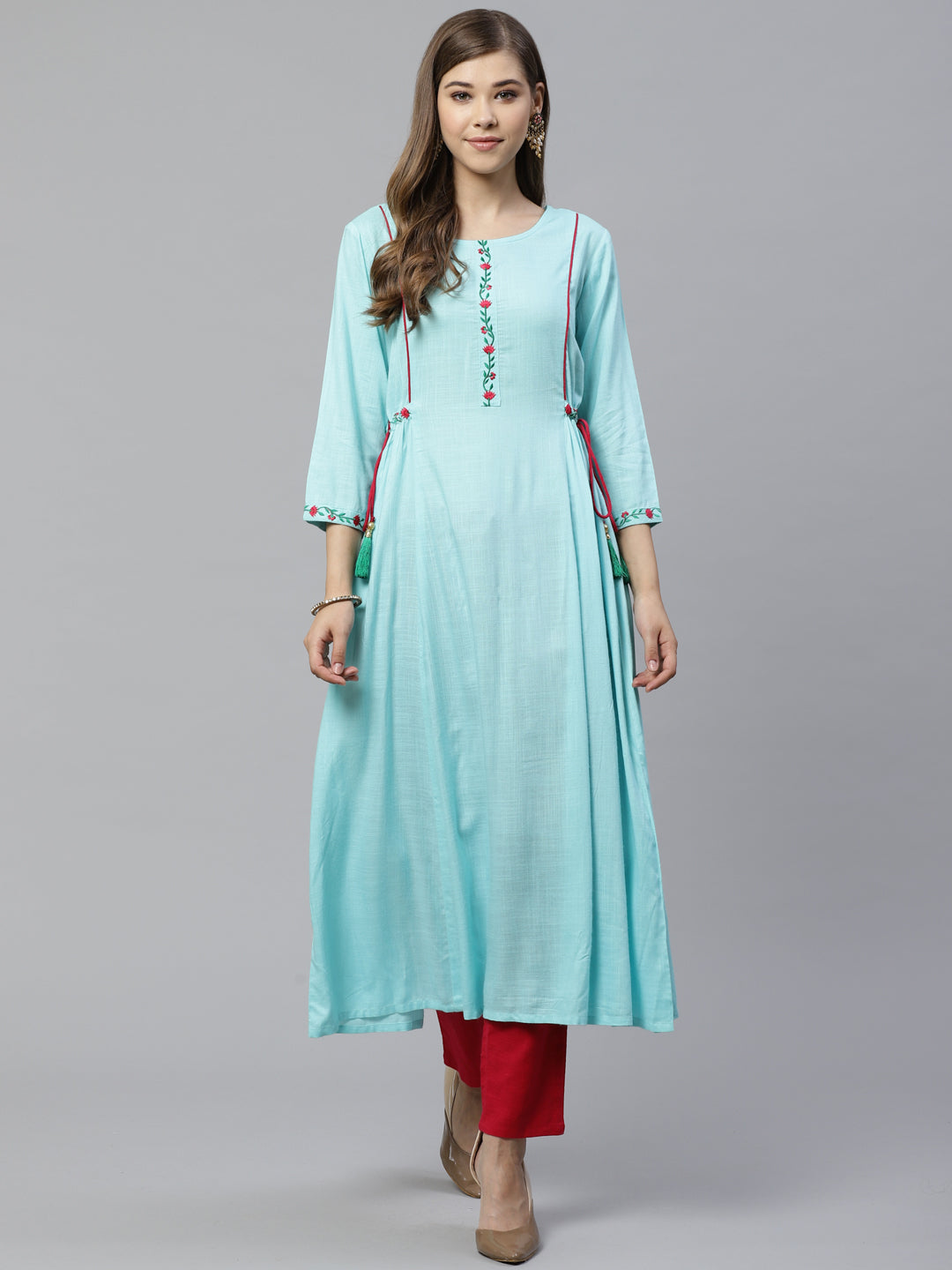  Rayon Embroidered A-line Kurta (Sky Blue)