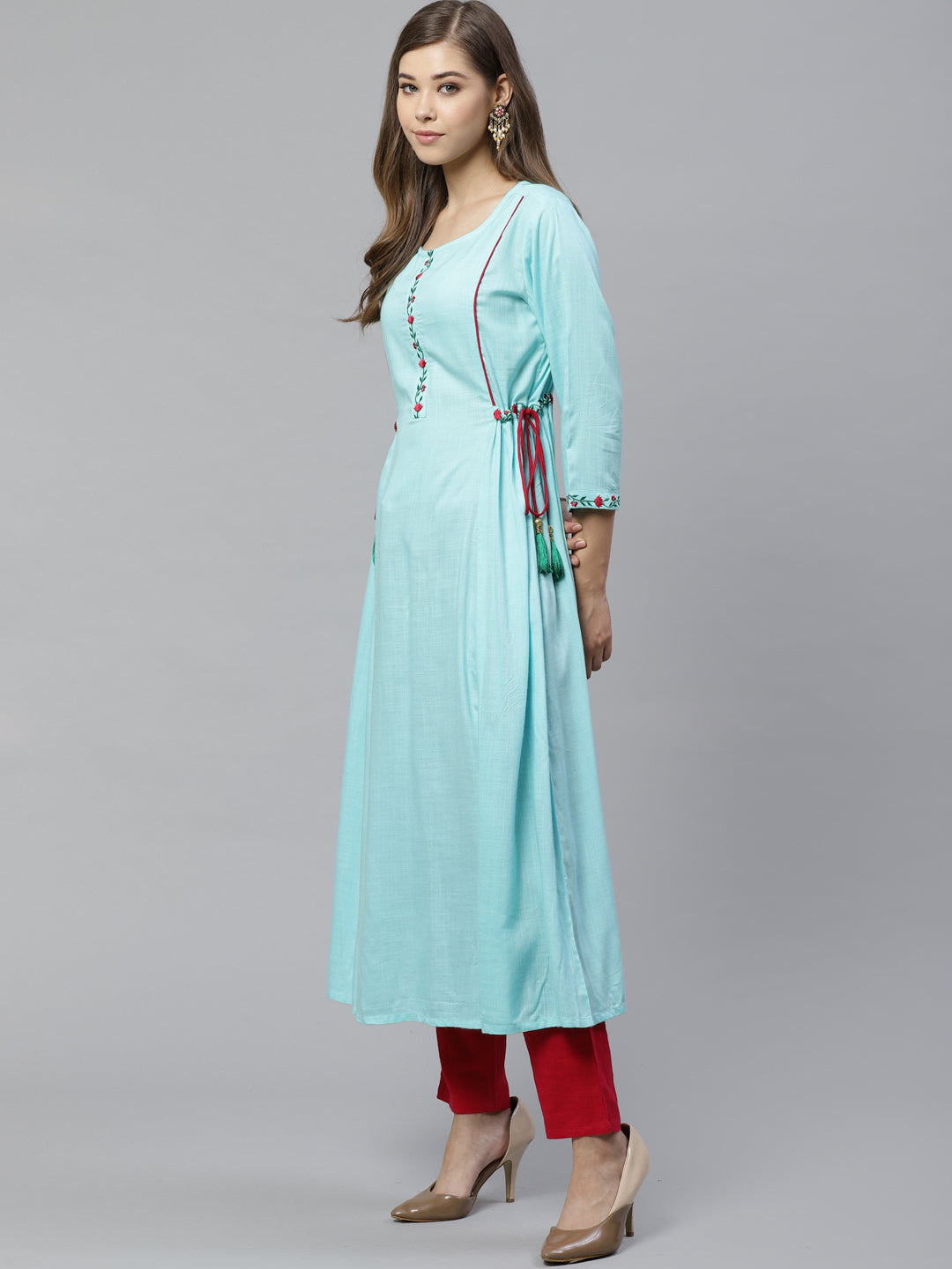 women rayon embroidered a line kurta sky blue