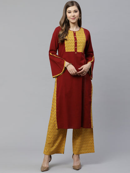 women cotton slub cambric cotton regular straight kurta with palazzo set