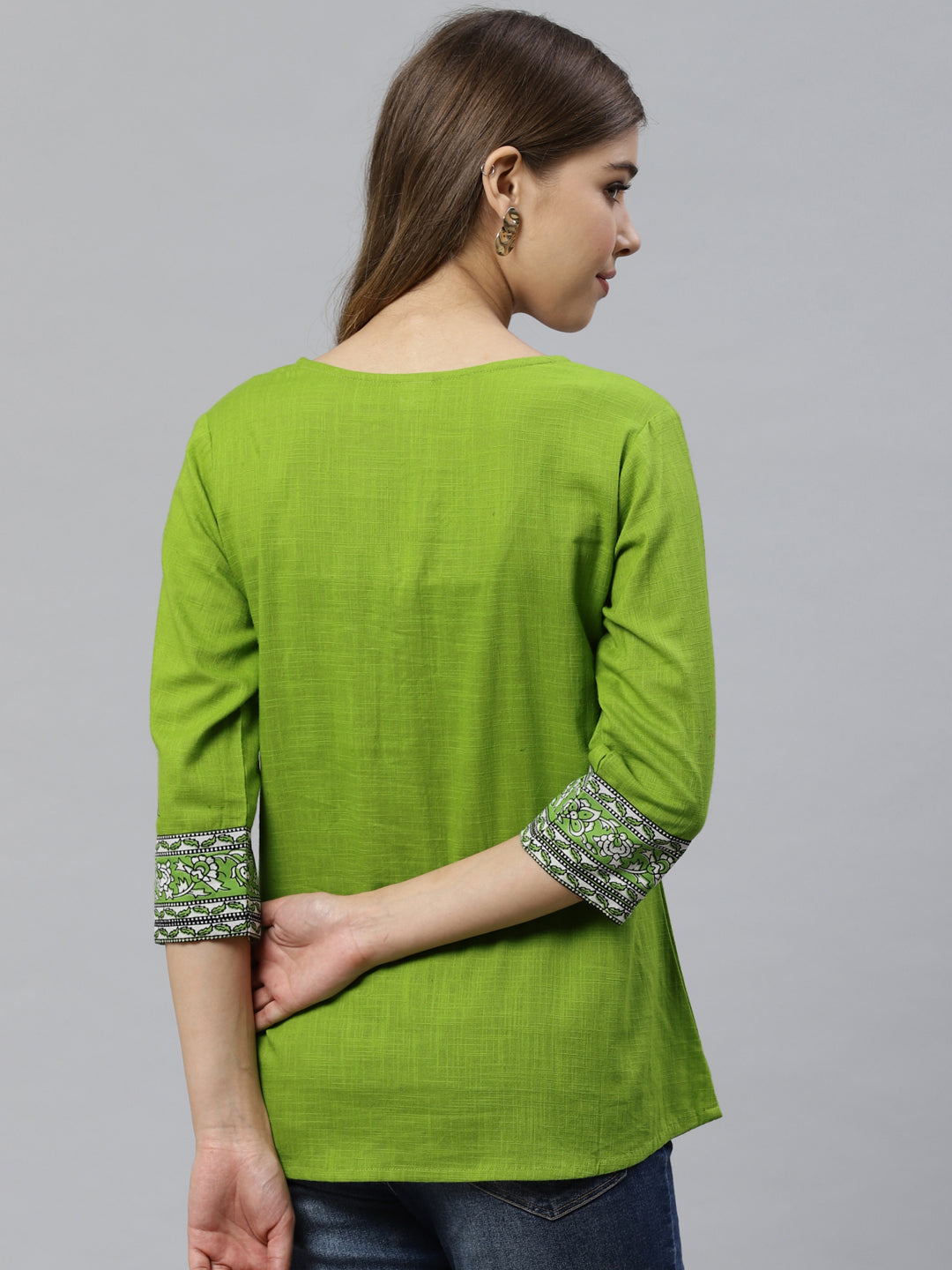 women cotton slub kalamkari printed regular top green