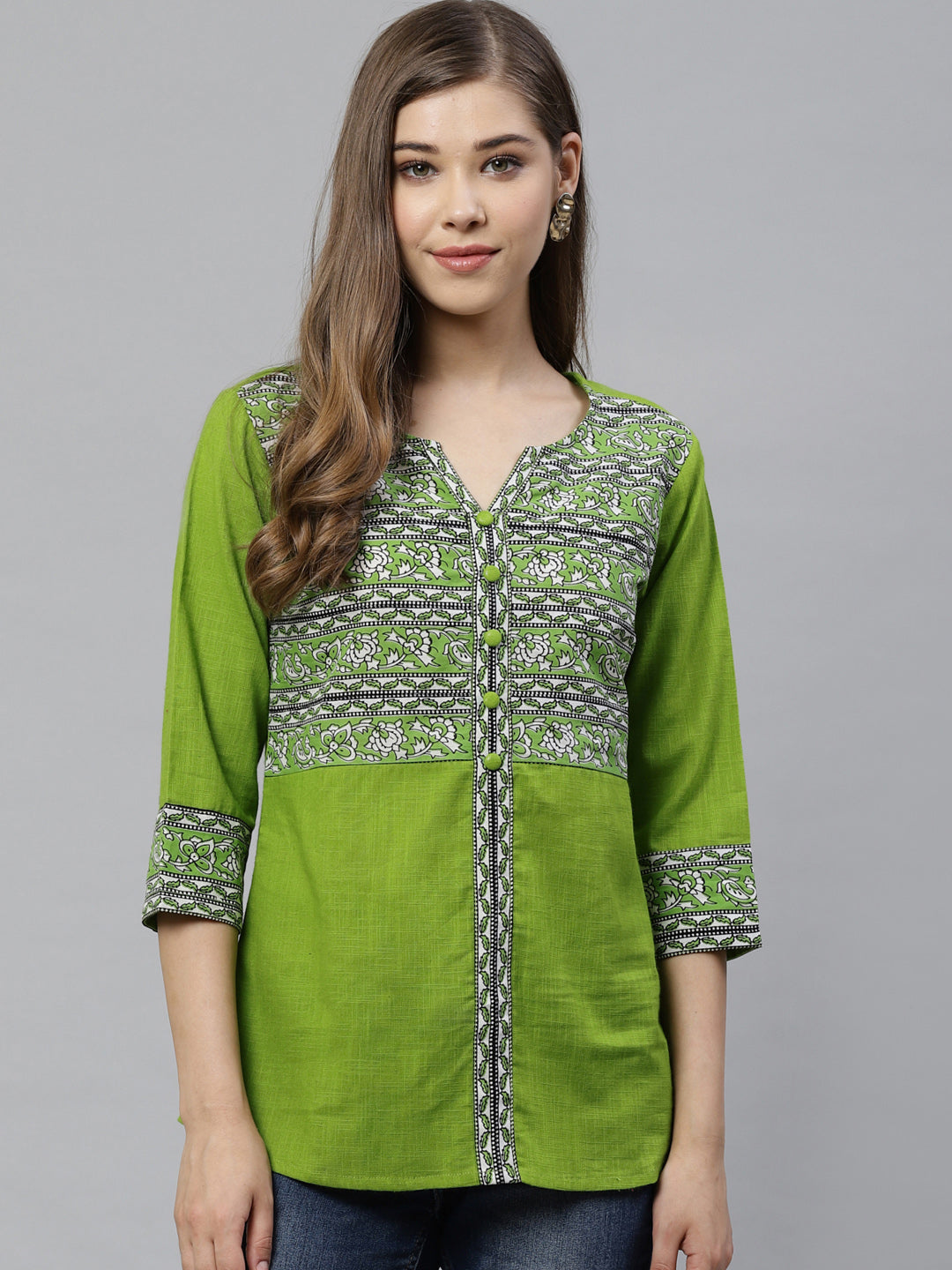 women cotton slub kalamkari printed regular top green