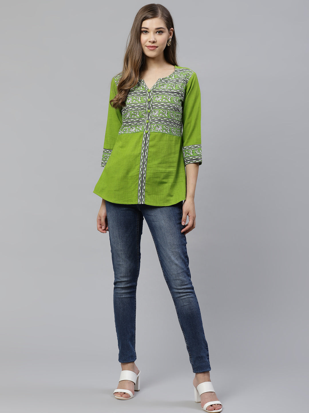 women cotton slub kalamkari printed regular top green