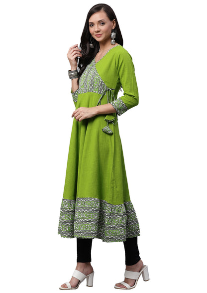 women cotton slub kalamkari printed angrakha style kurta