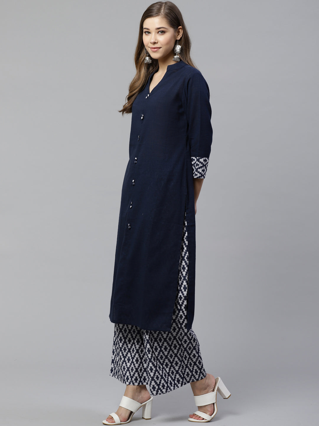 women cotton slub cambric cotton geomatrical printed straight kurta with palazzo set