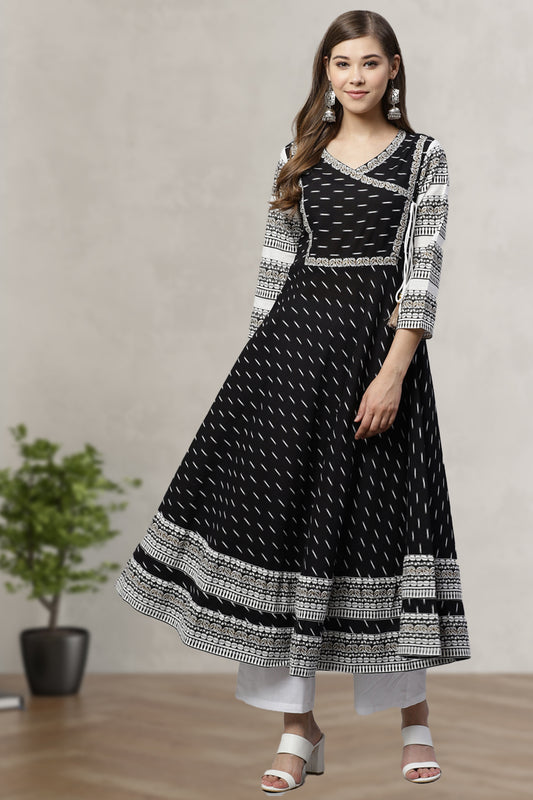women cotton cotton slub ikat printed anarkali kurta dress