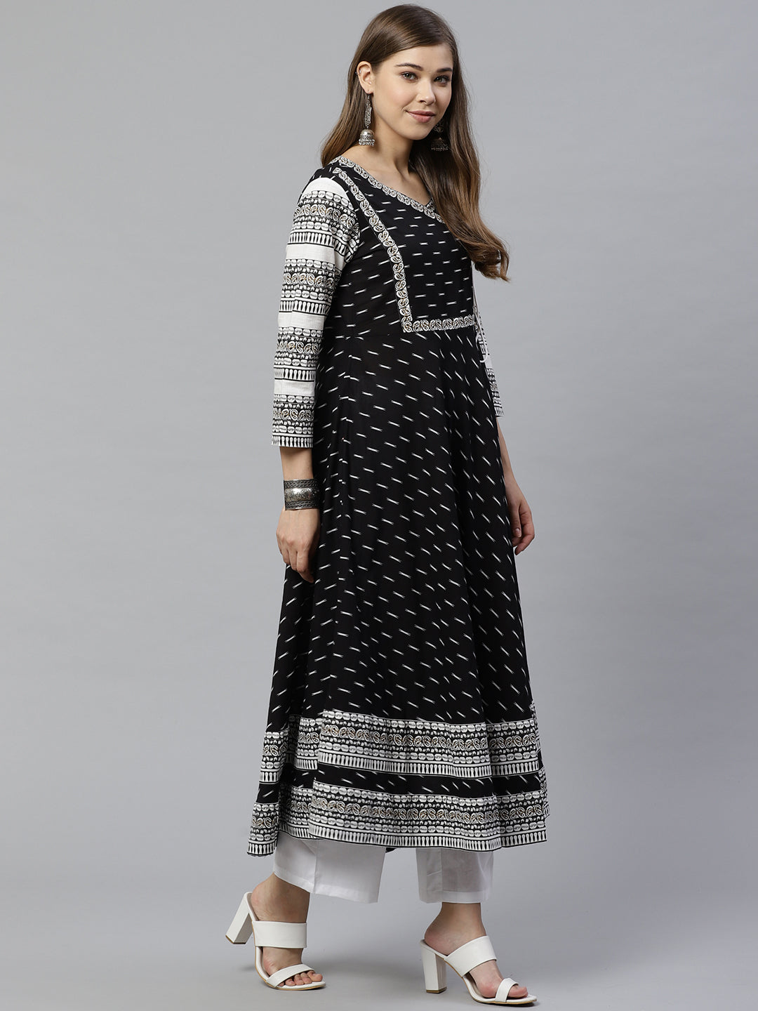 women cotton cotton slub ikat printed anarkali kurta dress