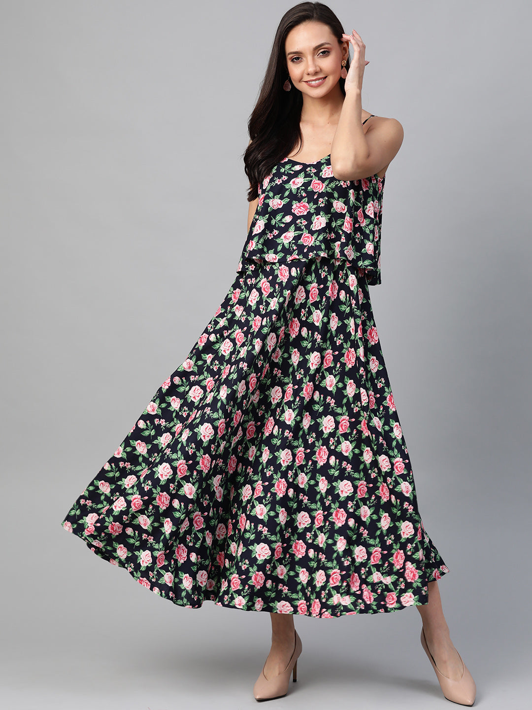  Rayon Straped Floral Printed Maxi Dress