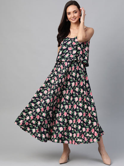 women rayon straped floral printed maxi dress