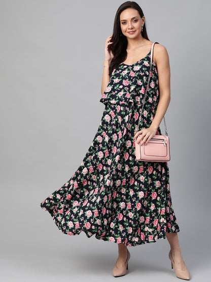 women rayon straped floral printed maxi dress