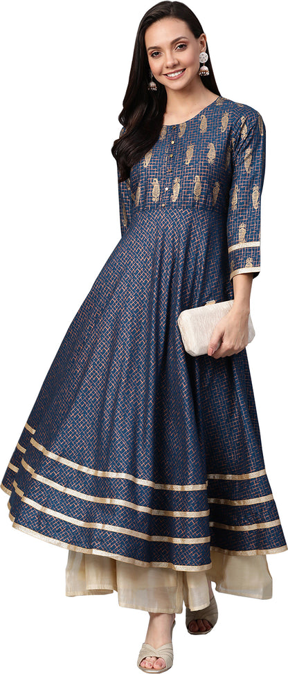 women rayon copper gold printed anarkali kurta