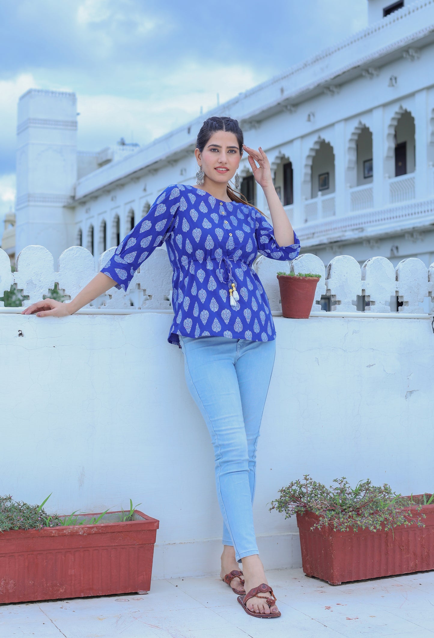 women cambric cotton printed top blue