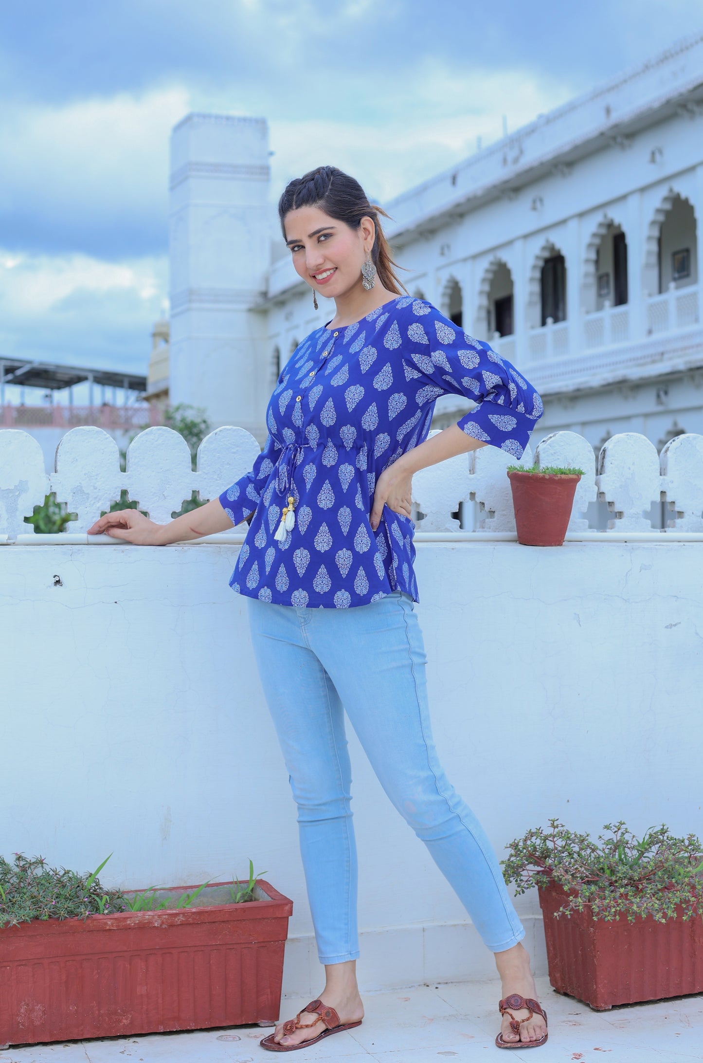 women cambric cotton printed top blue