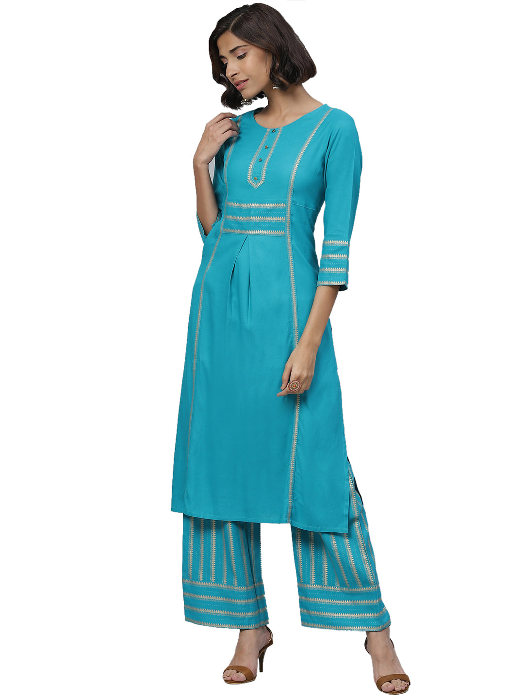 women rayon gold printed straight kurta palazzo set teal