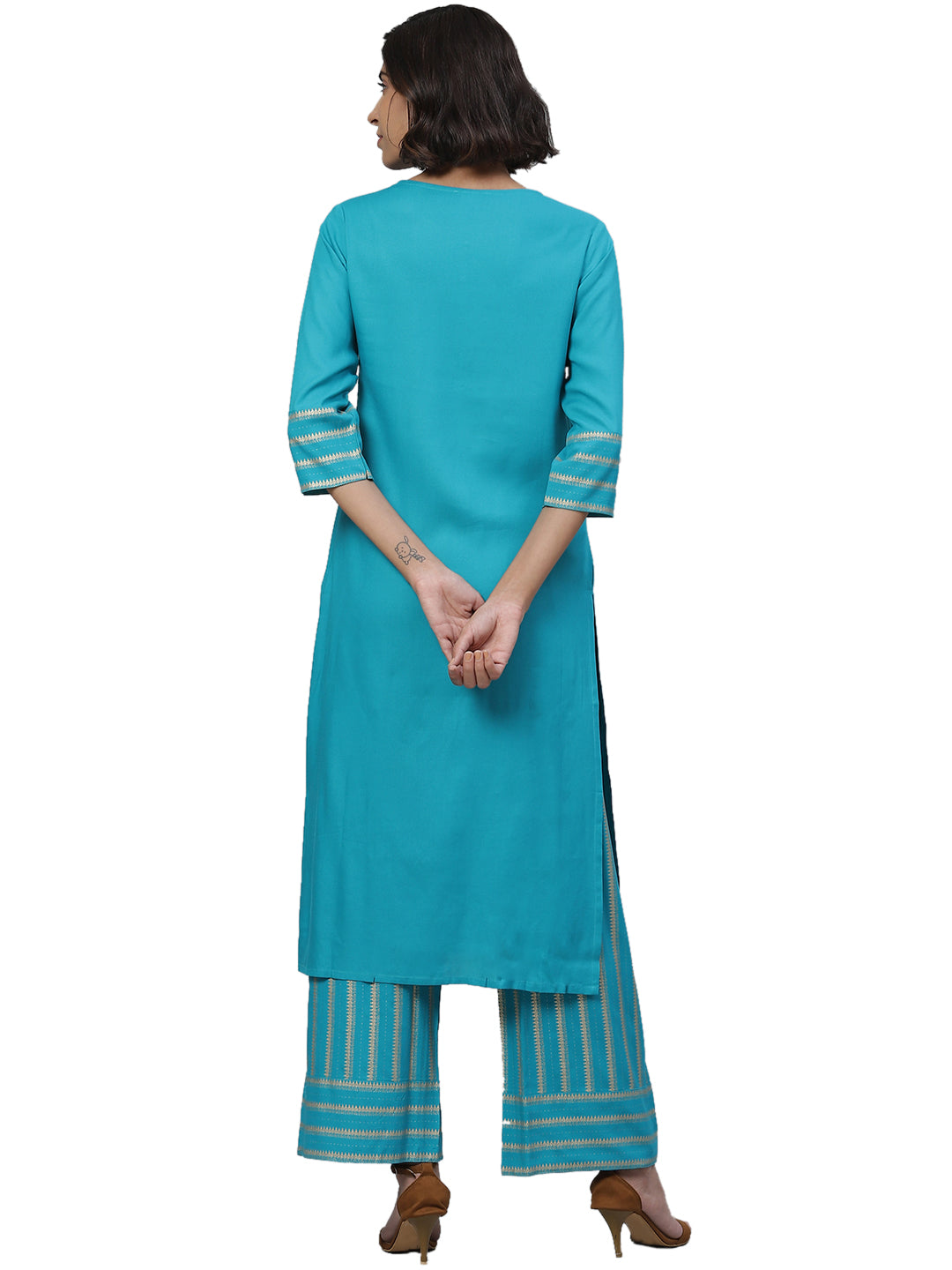 women rayon gold printed straight kurta palazzo set teal