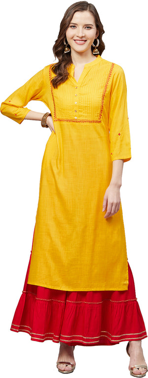 women rayon slub straight pintucks kurta sharara set
