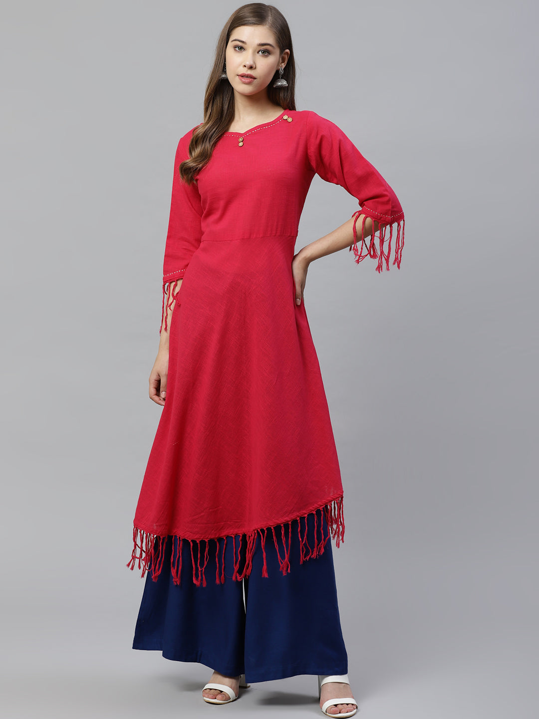 women cotton slub fringes a line kurta pink