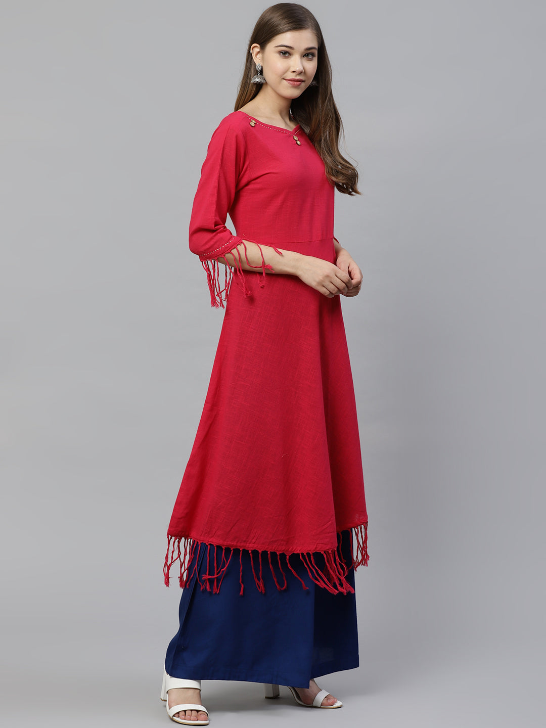 women cotton slub fringes a line kurta pink