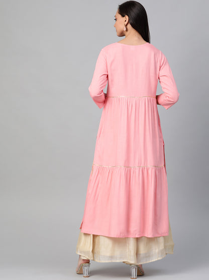 women rayon slub tiered kurta pink