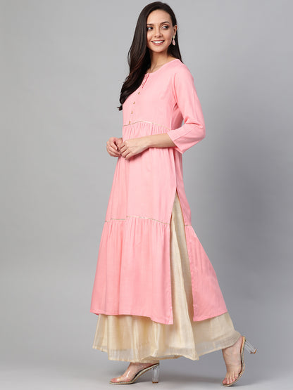 women rayon slub tiered kurta pink