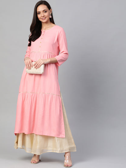 women rayon slub tiered kurta pink