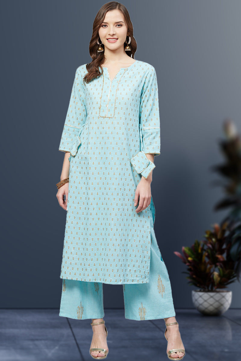 women cotton slub gold printed straight kurta palazzo set ice blue