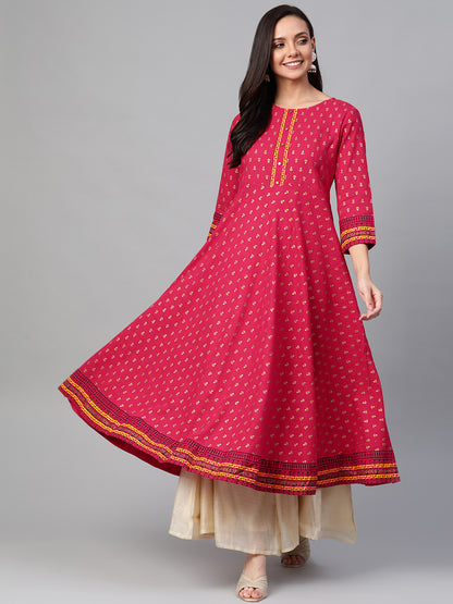 women cotton slub gold printed anarkali kurta