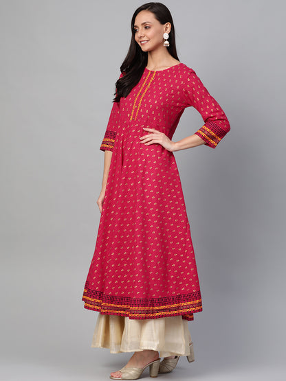 women cotton slub gold printed anarkali kurta