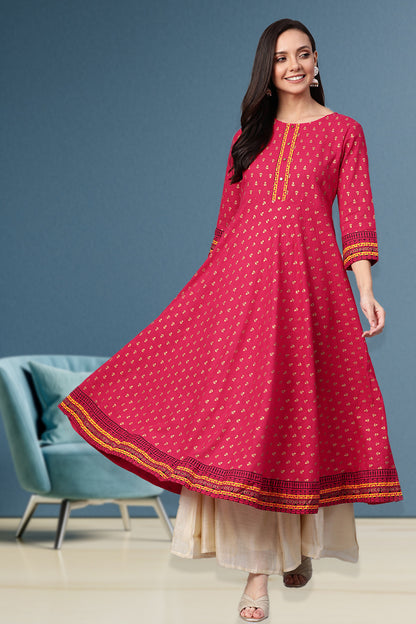 women cotton slub gold printed anarkali kurta