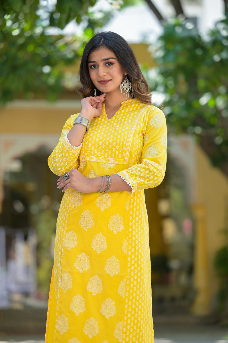 women cotton floral printed straight kurta pant set yellow