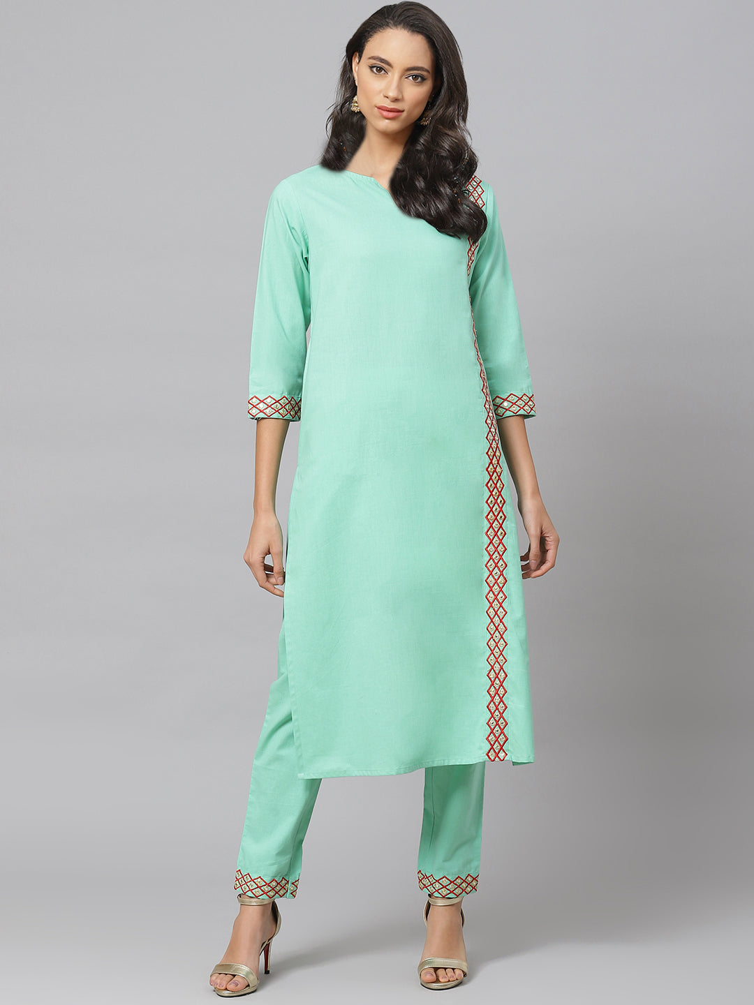 women cotton embroidered straight kurta with pant sea green