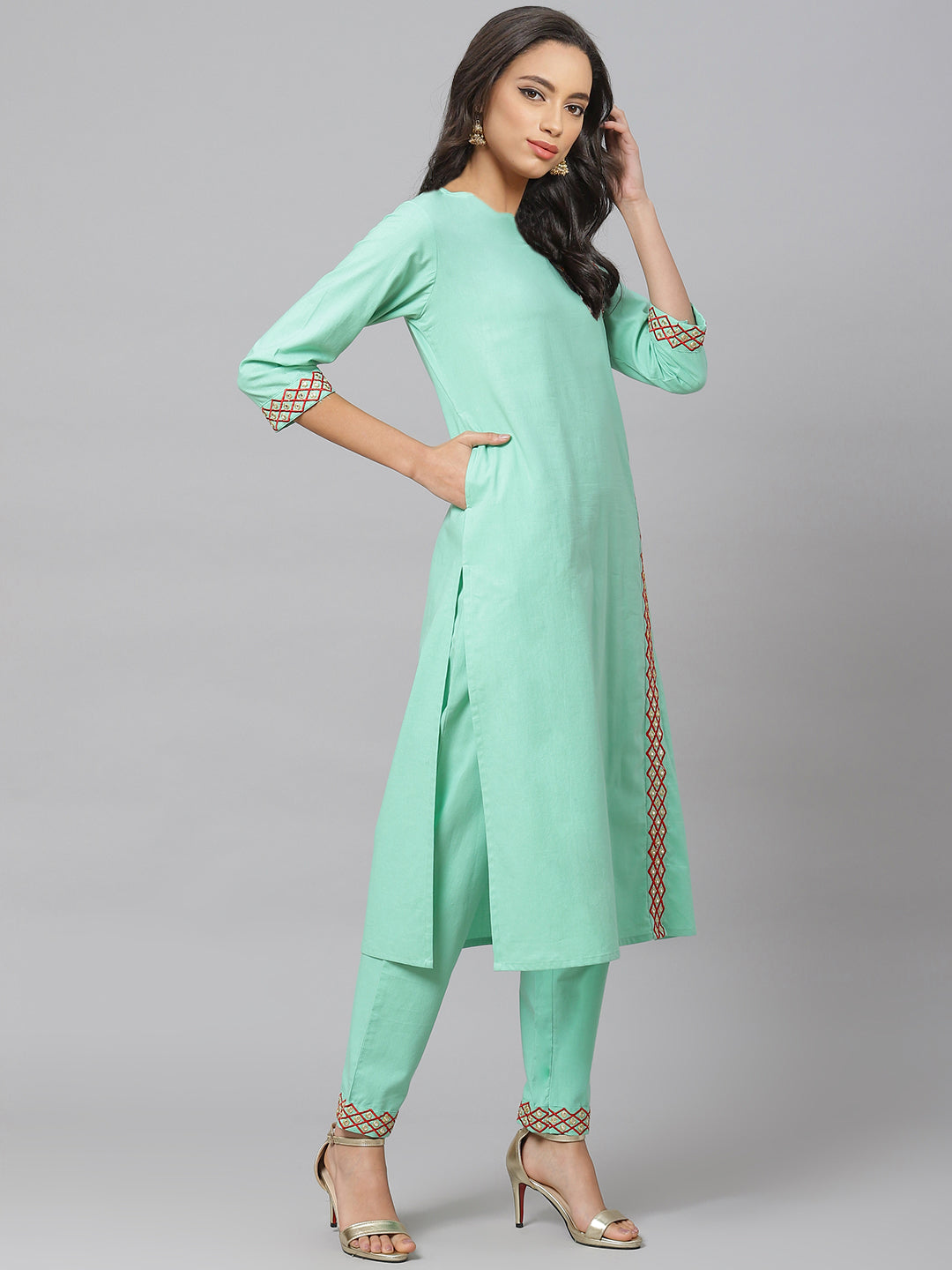 Cotton Embroidered Straight Kurta with Pant (SEA GREEN)
