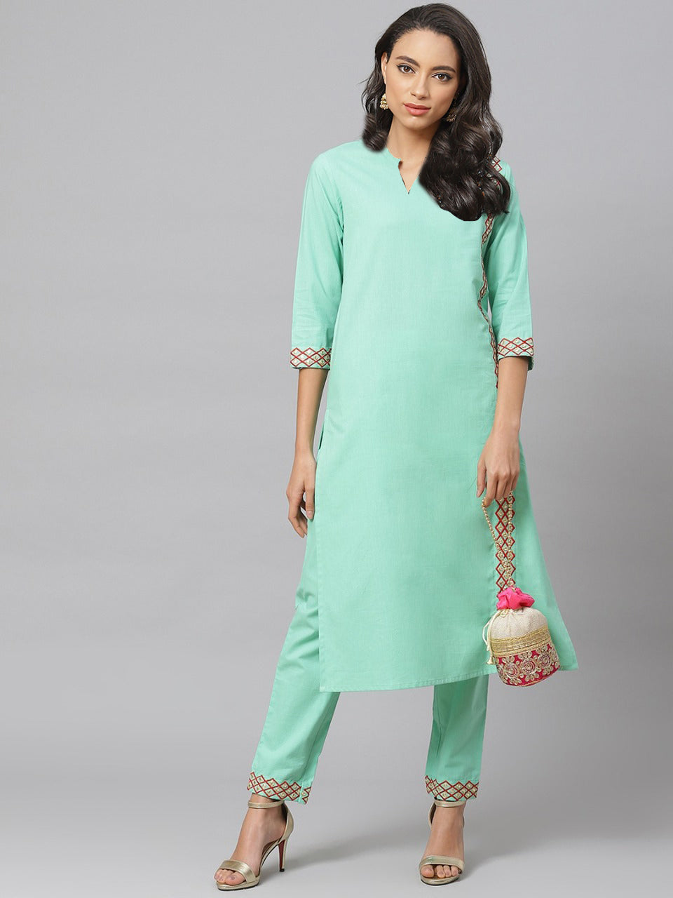 women cotton embroidered straight kurta with pant sea green