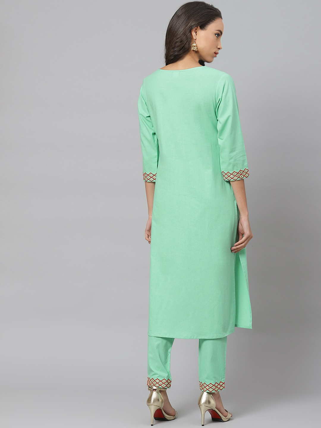 Cotton Embroidered Straight Kurta with Pant (SEA GREEN)