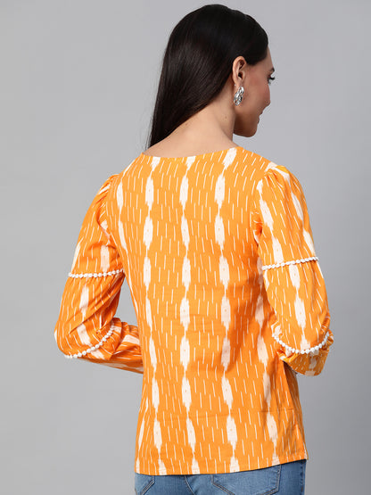 women cotton regular ikkat printed top orange