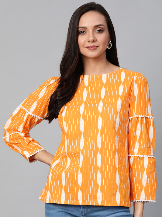 women cotton regular ikkat printed top orange