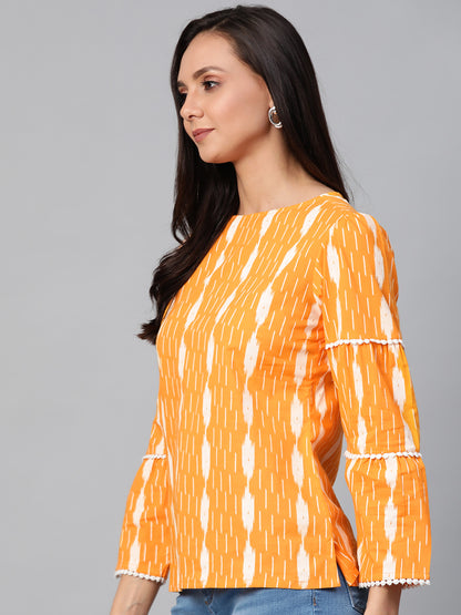 women cotton regular ikkat printed top orange