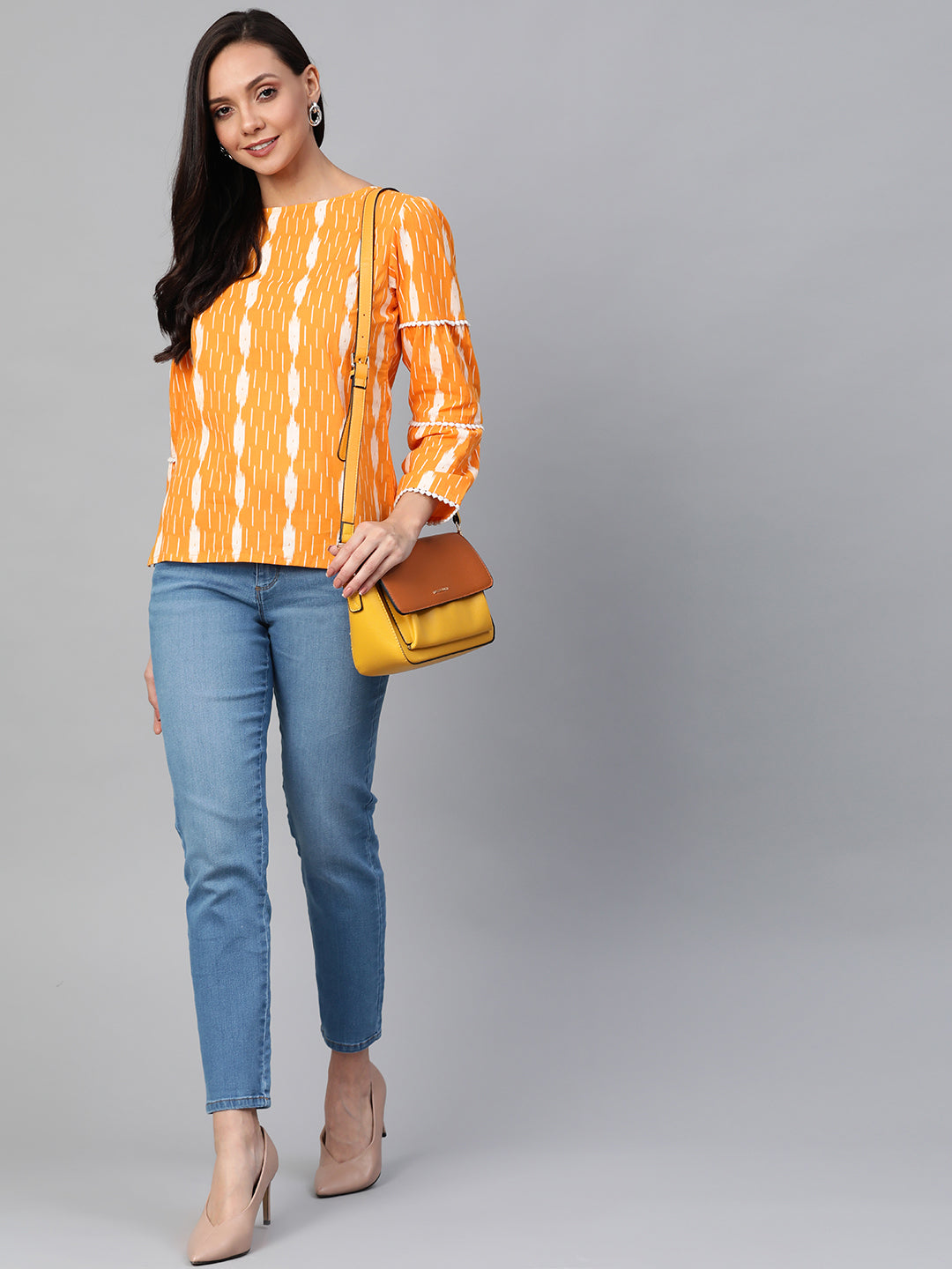 women cotton regular ikkat printed top orange