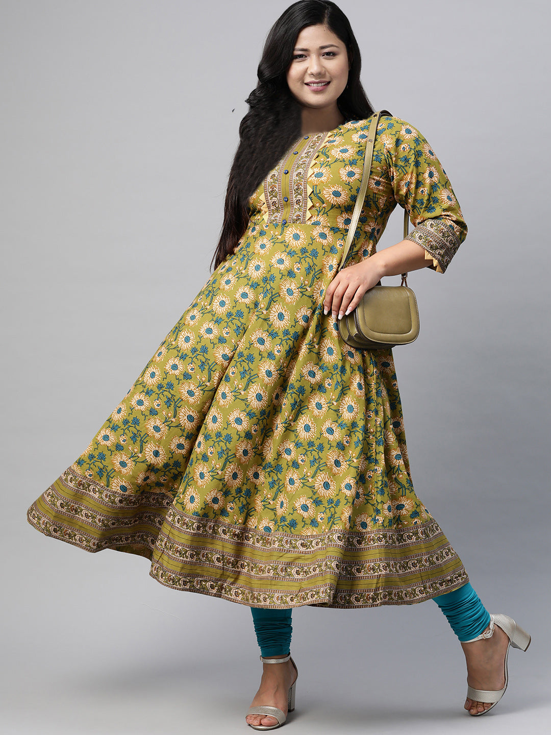 women cotton floral printed anarkali kurta green