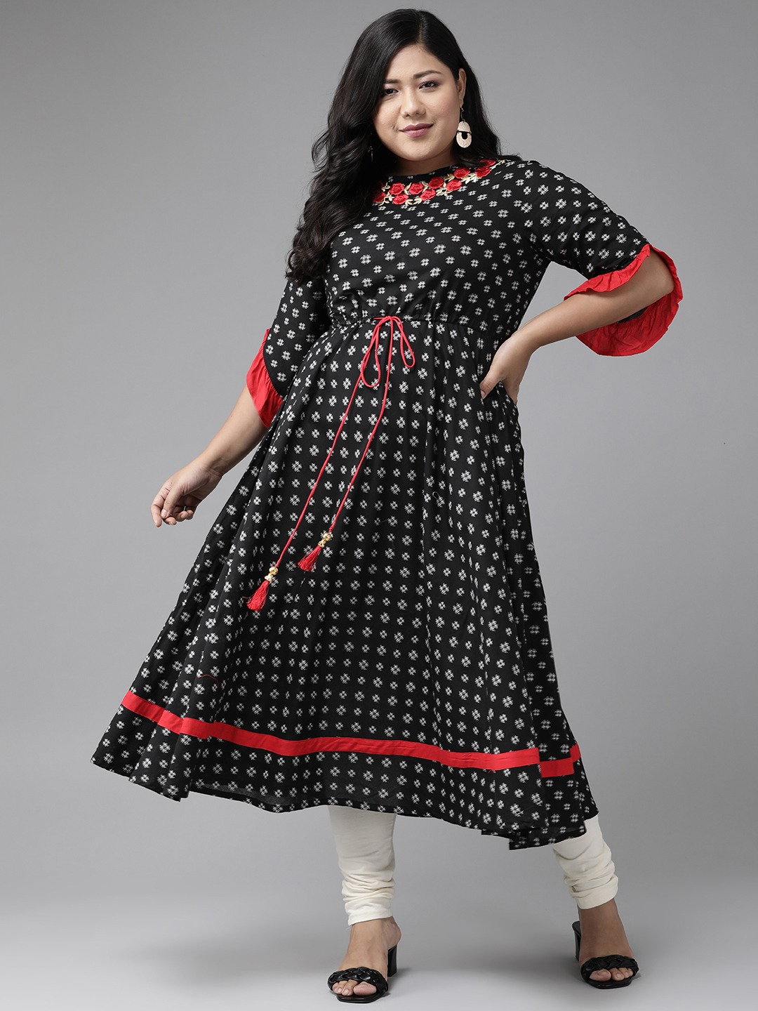 Cambric Cotton Embroidered Geomatrical Print Anarkali Kurta Dress (Black)