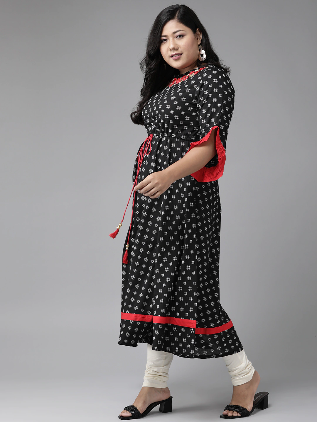 women cambric cotton embroidered geomatrical print anarkali kurta dress black