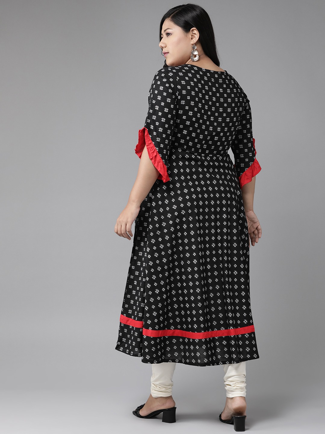 women cambric cotton embroidered geomatrical print anarkali kurta dress black