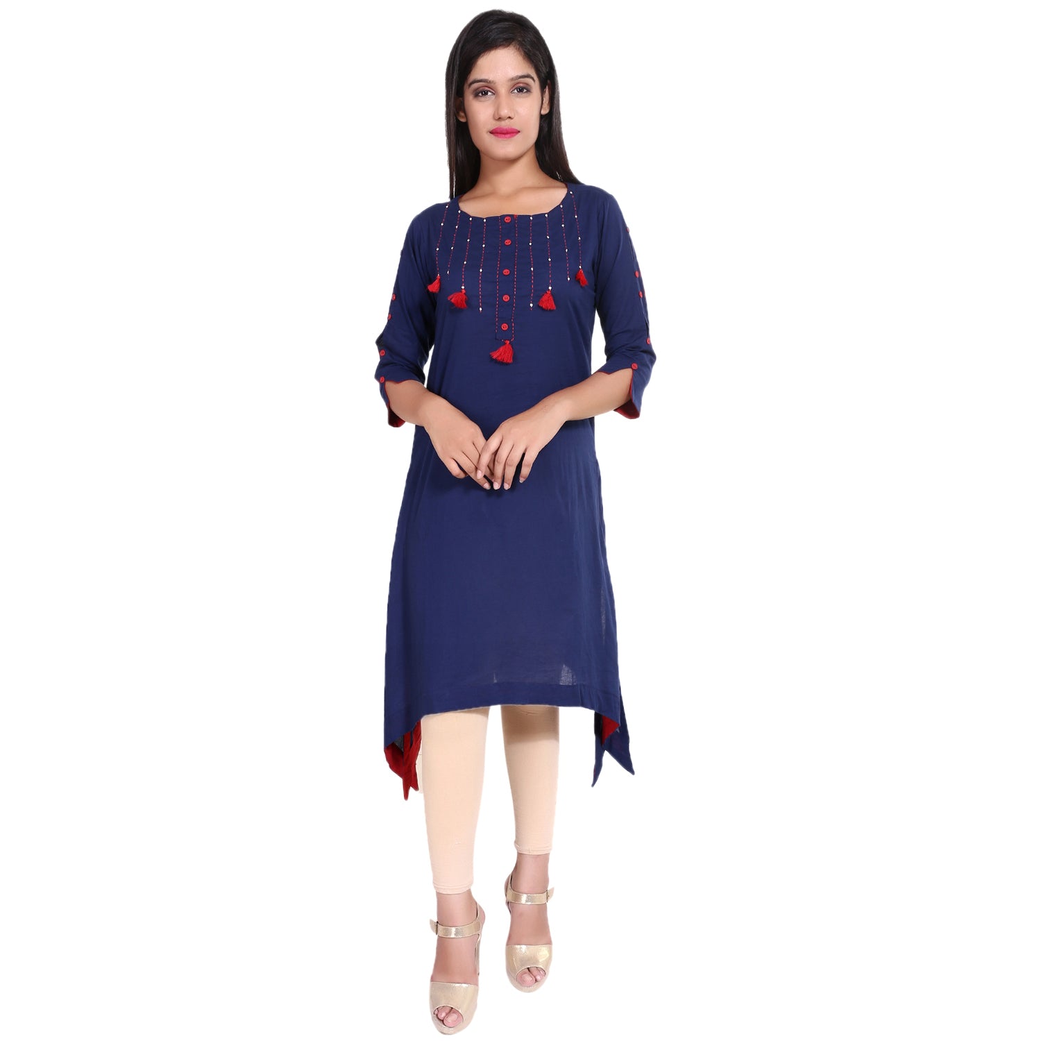 women cotton straight asymmetric kurta navy blue